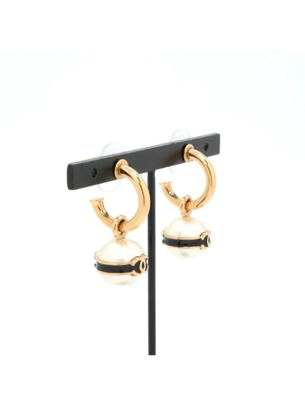 Chanel Earrings Gold Black CC Logo Hoop